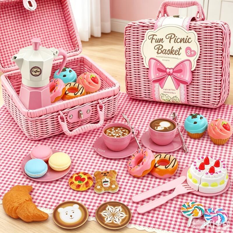 Snacks Food Gift Baskets - Simuliertes Picknick-Set mit Korb, Küchen-Spielzeug, Kinder-Teeservice,