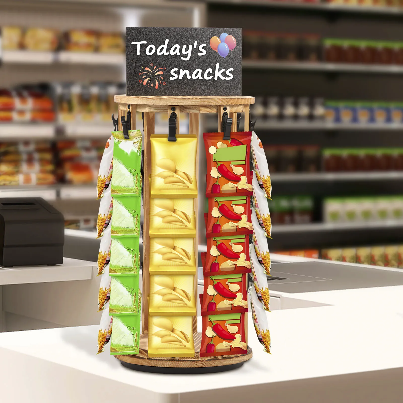 Food Snacks Easy - Snack-Präsentationsständer mit 360° ° Rotierender Holzsockel,