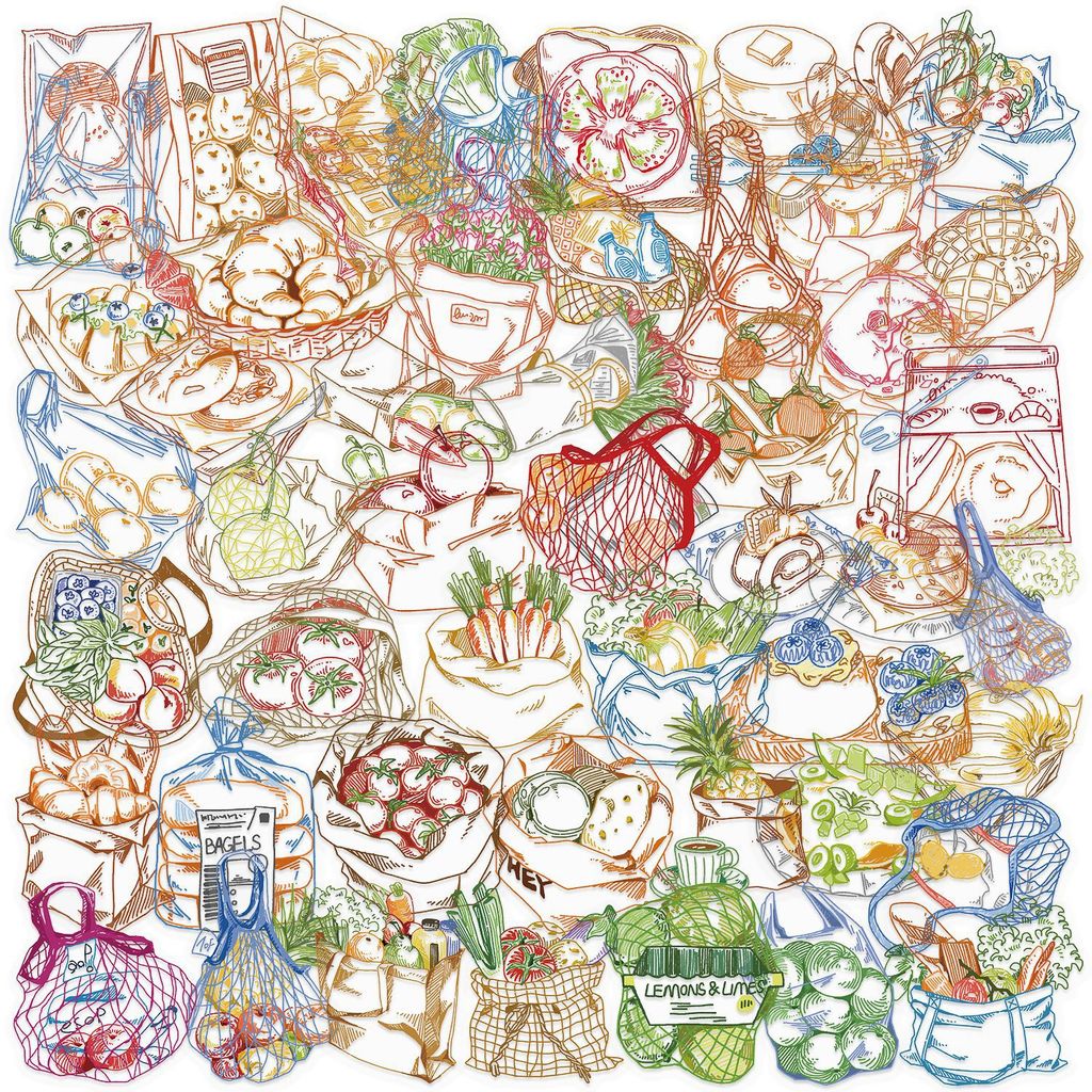 Food Snacks Drawing - 50 Stück farbige Linienzeichnungen, wasserfeste PET-Aufkleber