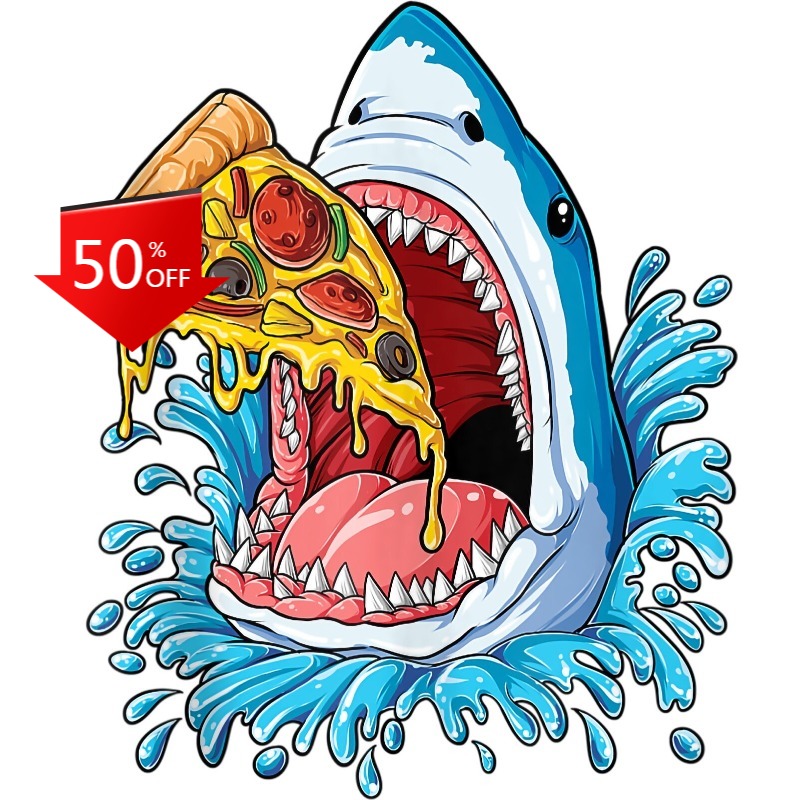 Food Snacks To Eat - Hai-Essen-Pizza-Aufkleber: Cartoon-Schutzaufkleber mit Pizza, Pepperoni, Ozean
