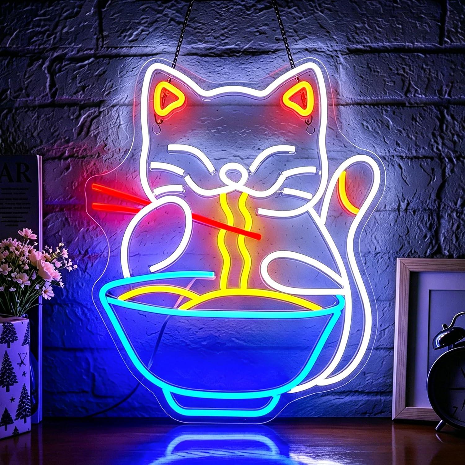 Food Snacks To Eat - Neonschild „Katze isst Ramen“, dimmbare LED-Leuchten