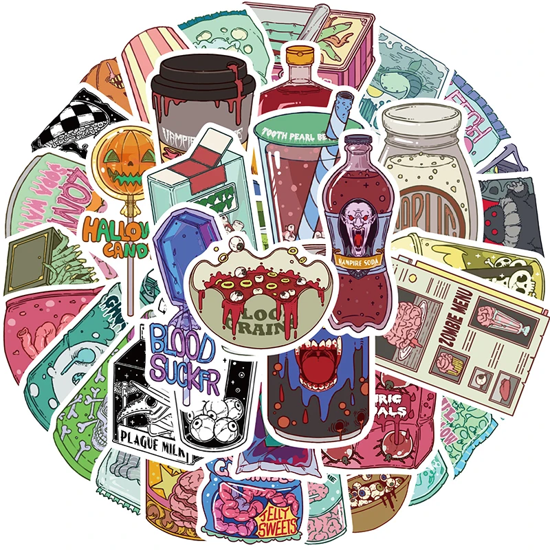 Zombie Snacks - 50 Stück Zombie-Lebensmittel-Aufkleber, Niedliche Horror-Snack-Sticker, Gruselige